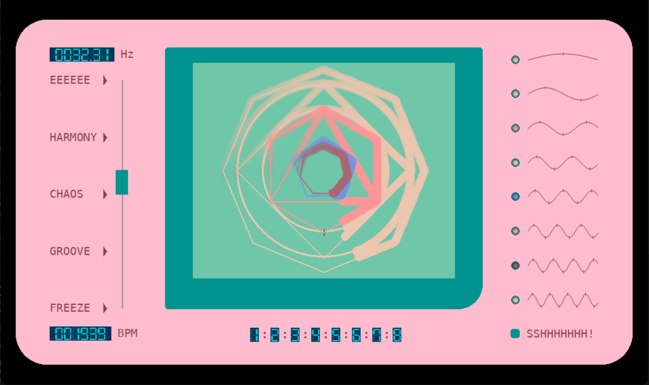 Screencap of the 
          rhythmonics project with an old-school console aesthetic and pastel pink
          and aquamarine colors.